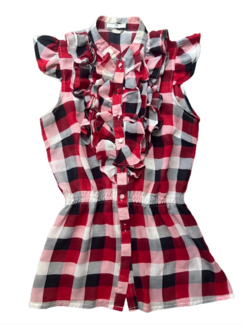 Ali & Kris Red Black Plaid Sleeveless Ruffle Button-Front Blouse